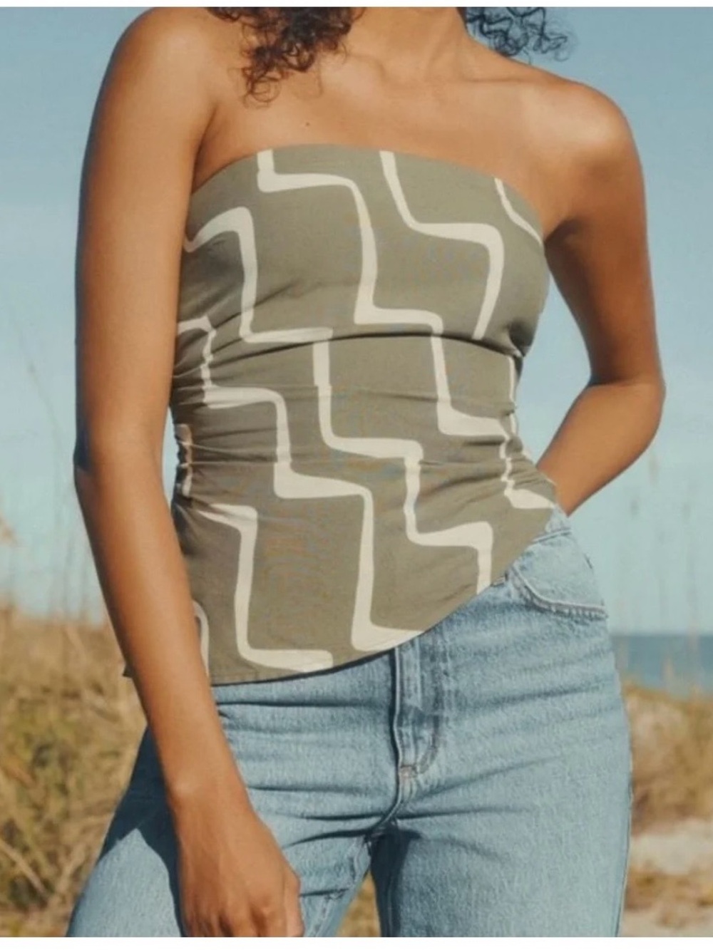 Cute Summer Olive Green Strapless Patterned Tube Top